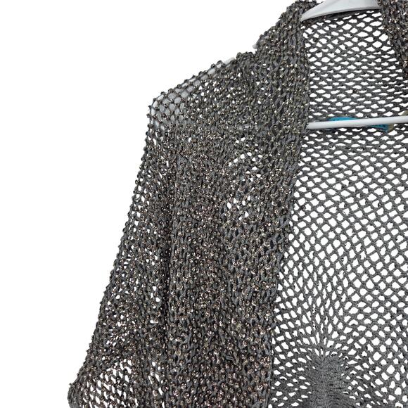 ALICE + OLIVIA MEDIUM GRAY COTTON BEADED SEQUIN CROCHET RUCHED SHRUG CARDIGAN - Picture 5 of 6